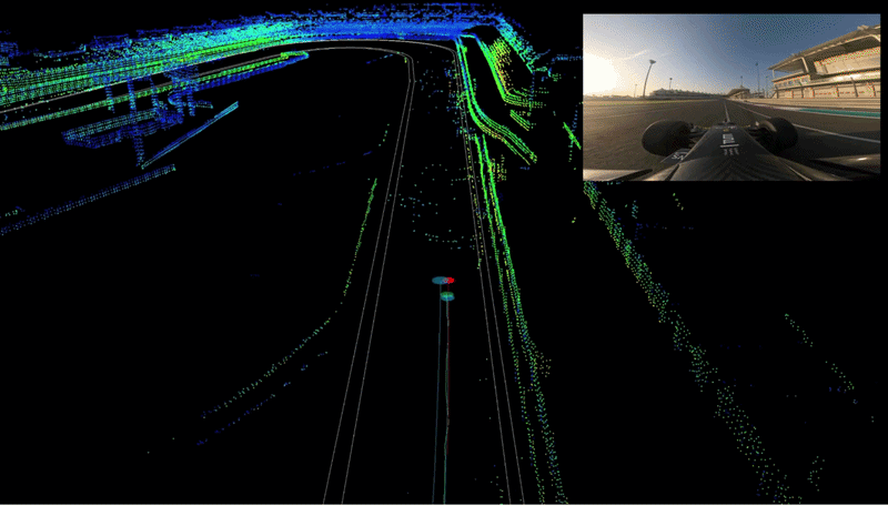 LiDAR highlight showing long-range sensing and ego-vehicle view